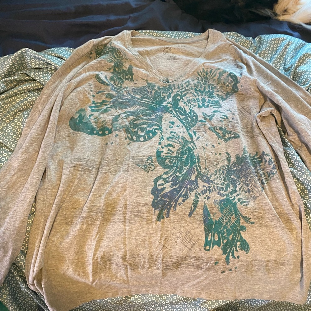 Just My Size Gray and Teal Long Sleeve Tee - Picture 3 of 3